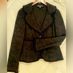 St. John Foundation blazer with damask pattern and fringe trim.